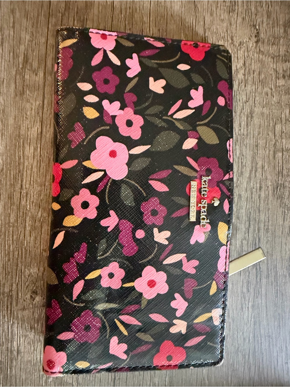 kate spade Black Floral Zip Wallet with Pink and Magenta Flowers